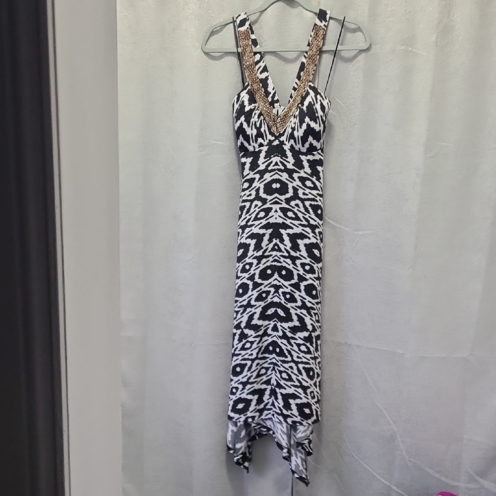 INC‎ Concepts Black White Patterned Dress with Gold Accents Sz Small